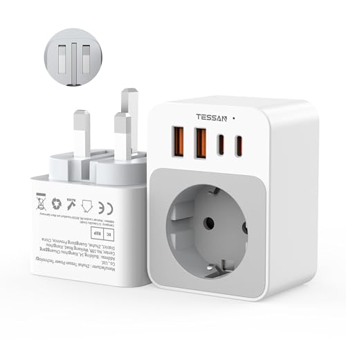 Tessan Adattatore Uk, 5 In 1 Adattatori Prese Inglesi Con 2 Usb C E 2 Usb A, 3250W Adattatore Tipo G Compatto E Pieghevole, Ricarica Rapida Usb C 20W 
