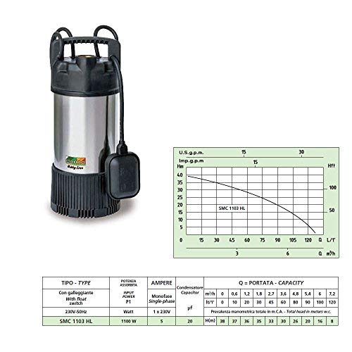 Speroni Marina Smc-1103-Hl Pompa Centrifuga Sommersa 1100W Immersione 60Mm Prevalenza 38Mt Pompaggio 130Lt/Min Galleggiante Acqua Chiara Pulita Potabi
