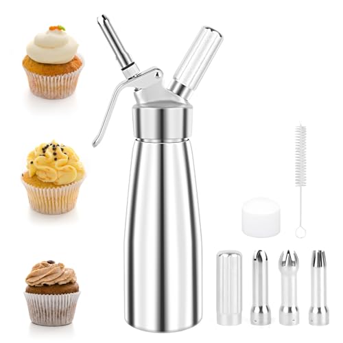 500Ml Sifone Panna Montata, Sifone Per Cucina Alluminio, Sifon Da Casa E Cucina Alluminio Con 3 Ugelli In Acciaio Inox E 1 Spazzola Da Pulizza, Per Sp
