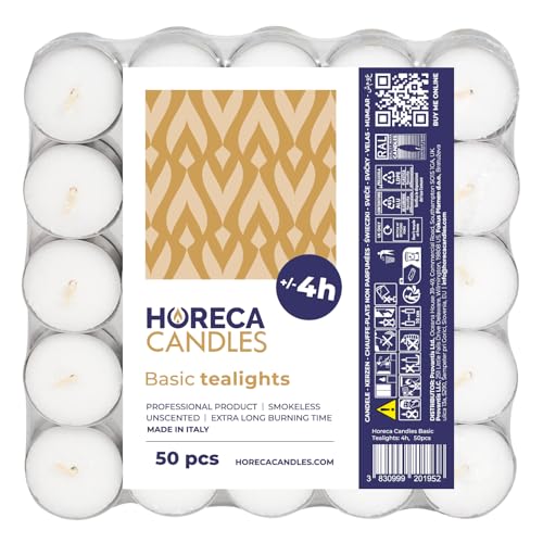 Horeca Candles - Candele Tealight Bianche - Durata 4 Ore Di Combustione - Set Da 50 Candeline Non Profumate - Lumini Per Matrimonio, Decorazione, Gast