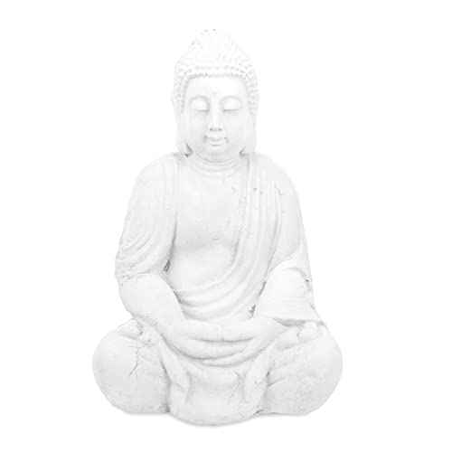 Relaxdays Statua Del Buddha Seduto, Figura Da Giardino Alta 70 Cm, Resistente Alle Intemperie E Gelo, Poliresina, Bianco, 100%