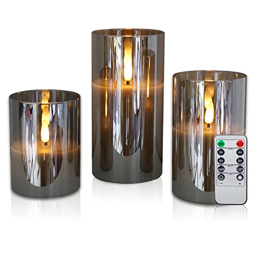 Cclife Velas Elettriche E Led In Vera Cera Con Telecomando, Funzione Timer, Paraffina, Funzionamento A Batteria,Cristallo Grigio 3 Pezzi
