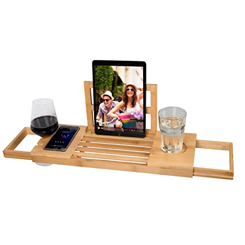 Alpina Vassoio Vasca Da Bagno Regolabile - Vassoio Portaoggetti 50-92 X 18 X 4 Cm - Mobile Bagno Bambù Con Supporto Per Libri E Supporto Per Tablet -