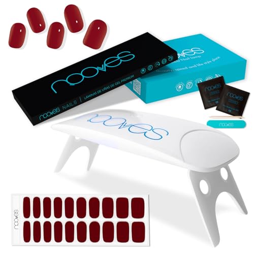 Nooves - Confezione Di 20 Pellicole In Gel Per Unghie, Colore Rosso + Lampada Per Asciugare Le Unghie Uv/Led, Unghie In Gel Semi-Curate, Gel Per Unghi