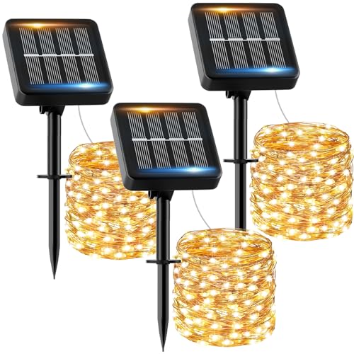 Luci Solari Esterno【3 Pacchi】12+2M 120Led Luci Solari Da Giardino Ip65 Impermeabili Bianco Caldo 8 Modalità, Catena Luci Solari Esterno Decorative Gia