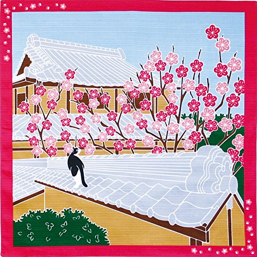 Furoshiki - Asciugamano Da Imballaggio Giapponese, 50 X 50 Cm (Gatto Prugna Fiore Febbraio)