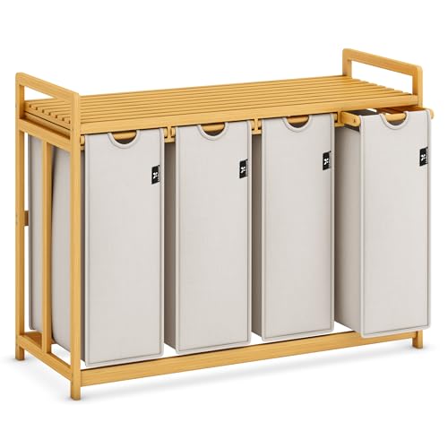 Adeldream Cesto Portabiancheria Bamboo Frame 200L 4 Scomparti Sacco Portabiancheria Estensibile E Rimovibile Box Portabiancheria Portabiancheria Grigi