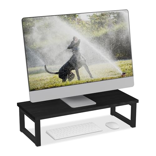 Relaxdays Supporto Per Monitor, Alza Schermo Pc Per Scrivania, Hlp: 15X55X23 Cm, Organizer Ufficio, Industriale, Nero, Fibra Di Legno, 15 X 55 X 23 Cm