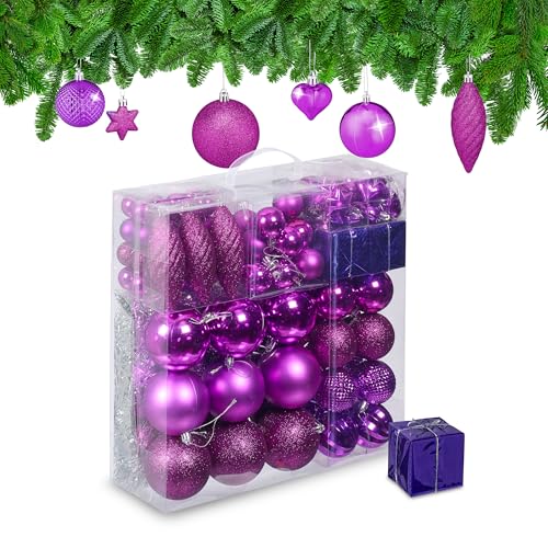 Relaxdays Set Da 110 Palline Di Natale, Addobbi Natalizi, Palle Opache, Lucide, Glitter, In Plastica, Decorazioni, Viola