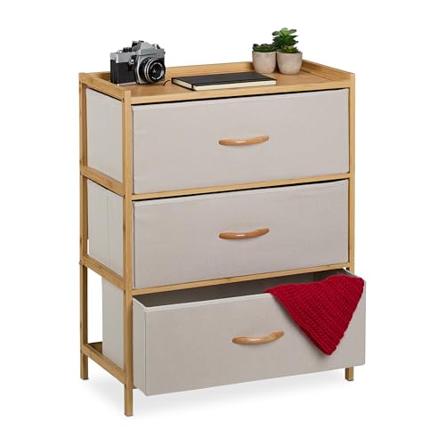Relaxdays Cassettiera Camera Da Letto, Comò 3 Cassetti In Tessuto, Hlp: 73X57,5X30 Cm, Struttura Bambù Naturale, Beige, Fibra Di Legno