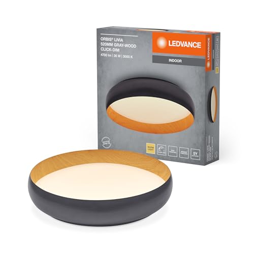 Ledvance Led Orbis Livia Con Anello In Metallo, Decoro Grigio/Legno, 36W, 2000Lm, 3000K, 520Mm, 830 Bianco Caldo Amichevole, Dimmerabile In 3 Livelli 