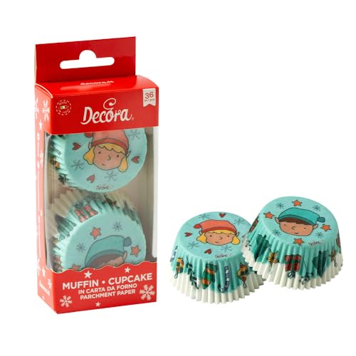 Decora, 0339879, Confezione Da 36 Pirottini Tematici, Elfi Di Natale, Comodissimi Pirottini Per Cuocere, Presentare E Regalare Muffin, Resistono Fino 