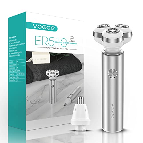 Vogoe Rasoio Elettrico Barba Elettrico Uomo, Ricaricabile 3D Rasoi Rotanti Elettrici Per Barba, Wet & Dry Con Rifinitore Per Naso, Senza Fili, Argento