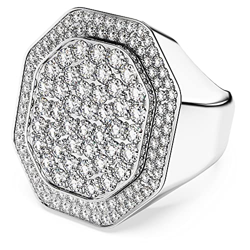 Swarovski Dextera Anello Coctkail, Con Pavé Di Cristalli E Zirconia Swarovski, Forma Ottagonale, Placcato In Tonalità Rodio, Taglia 55, Bianco