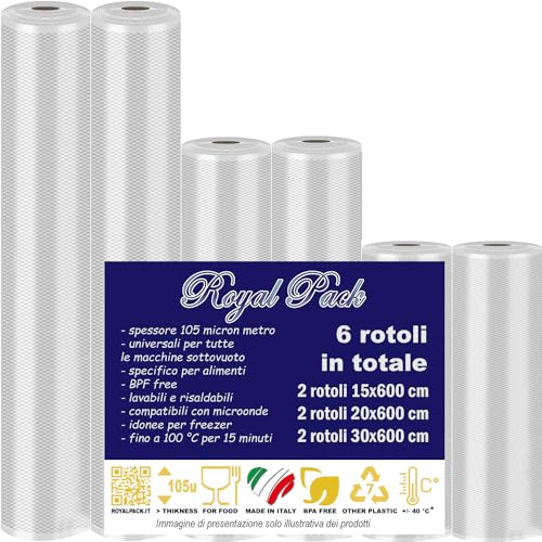 Royal Pack Rotoli Sottovuoto Per Alimenti, Made In Italy, Riutilizzabili, 15 Cm X 600 Cm, 20 Cm X 600 Cm, 30 Cm X 600 Cm, 6 Unità