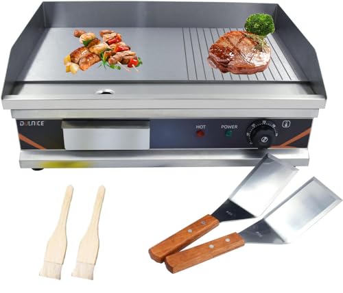 Dulnice Piastra Elettrica Professionale Ghisa 54Cm Commerciale Liscia +Rigata Grill Elettrico Acciaio Inox Per Carne Pesce Bistecche Cotolett