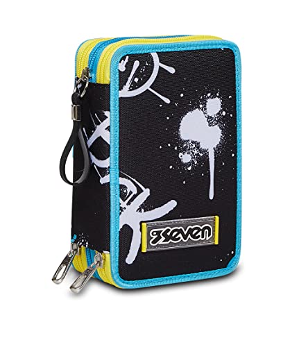 Seven Astuccio 3 Zip, Abstract Greffity Boy, Attrezzato Con Matite, Pennarelli Ecc.., Nero, Scuola & Tempo Libero