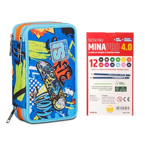 Sj Gang Astuccio Scuola 3 Zip, Blu, Trickyled, Portapenne Triplo Scomparto Completo Di Penne, Matite, Colori + 12 Pastelli A Colori