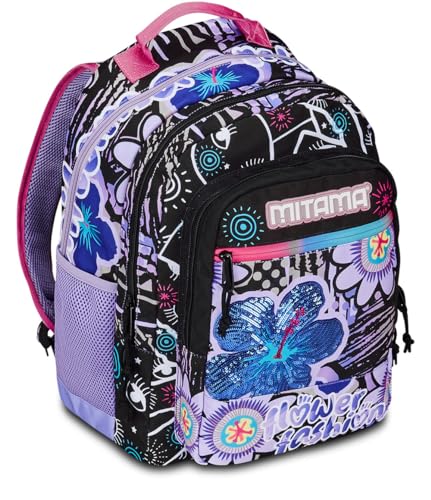 Mitama Zaino Triplo Scomparto Flower Fashion Con Tasca Frontale, Viola E Nero, Scuola Elementare E Tempo Libero, Bambina Ragazza