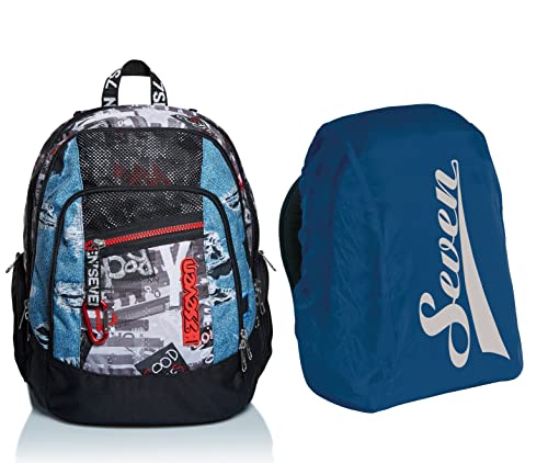 Zaino Scuola Advanced Seven - Urban Rock, Nero, Doppio Scomparto + Coprizaino Antipioggia Impermeabile
