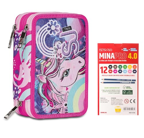 Sj Gang Astuccio Scuola 3 Zip, Rosa, Cuccioli Di Sj, Portapenne Triplo Scomparto Completo Di Penne, Matite, Colori + 12 Pastelli A Colori