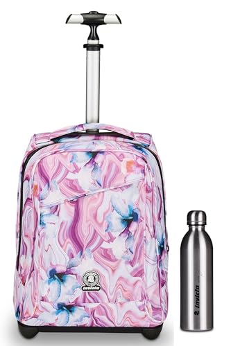 Zaino Scuola Invicta Benin Fantasy, Rosa E Viola, Tasca Porta Borraccia E Porta Laptop + Borraccia Termica, Multicolore In Acciao Inox