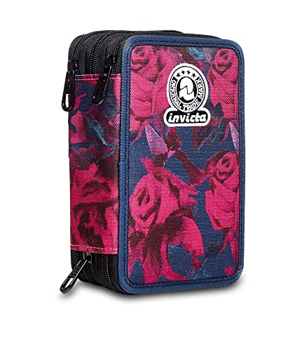 Invicta Astuccio Scuola 3 Zip, Fantasia Rose, Roses, Portapenne Con Triplo Scomparto Completo Di Penne, Matite E Colori, Scuola, Bambina Ragazza