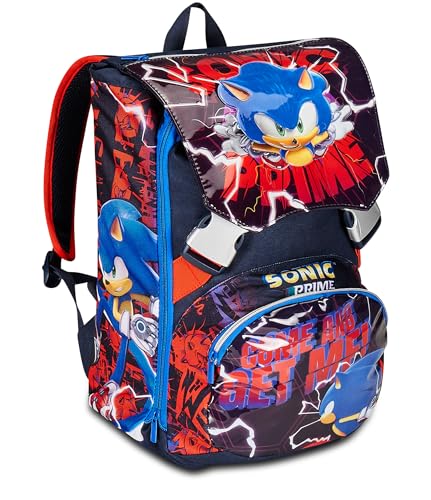 Seven Zaino Scuola Estensibile Sonic Prime - Rosso Blu - Zaino Doppio Scomparto Sdoppiabile Tramite Zip E Con Tasca Porta Borraccia, Zaino Bambino