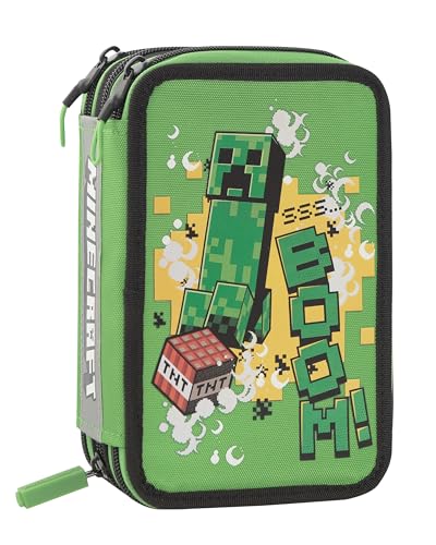 Minecraft - Astuccio Scuola Ufficiale Minecraft, Astuccio 3 Scomparti Bambino E Bambina Con Set Cancelleria, Penne Cancellabili, E Pratica Chiusura A