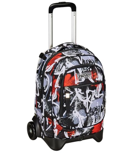 Seven Trolley New Tech, 2 Ruote, Spray Me, Nero, 3 In 1, Triplo Uso, Zaino Con Carrello Sganciabile, Zaino Scuola Viaggio, Bambino Ragazzo.
