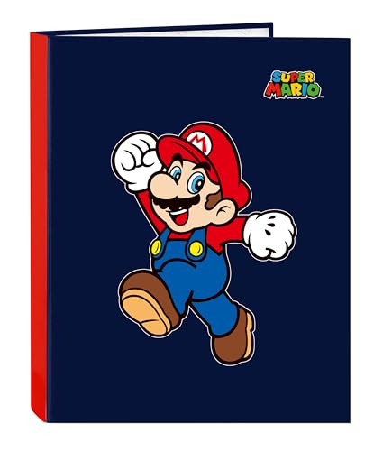 Super Mario World - Cartella Con Fogli 4 Anelli, Ideale Per Bambini Di Diverse Età, Comoda E Versatile, Qualità E Resistenza, 26,5 X 33 Cm, Colore Blu