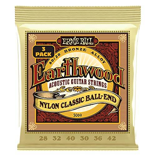 Ernie Ball Earthwood Folk Nylon Clear And Gold Ball End, Corde Per Chitarra Acustica Con Estremità A Sfera, Bronzo 80/20, Confezione Da 3, Diametro 28