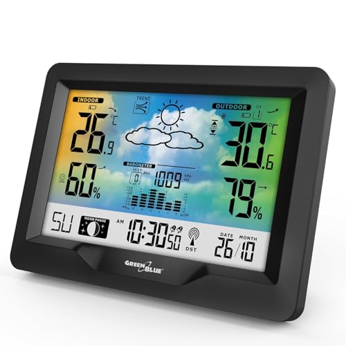 Green Blue Gb540 Stazione Meteo Con Display A Colori, Orologio Radiocontrollato Dcf, Temperatura Interna Ed Esterna, Previsioni Meteo, Fasi Lunari, Se