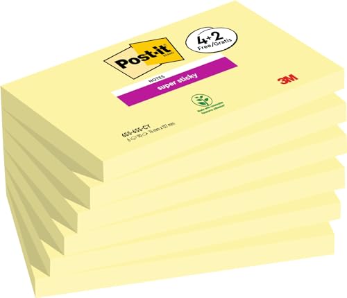 Post-It Foglietti Super Sticky, Canary Yellow, Pacchetto Promozionale, 4 + 2 Blocchetti Gratis, 90 Fogli Per Blocco, 76 Mm X 127 Mm, Colore Giallo, Fo