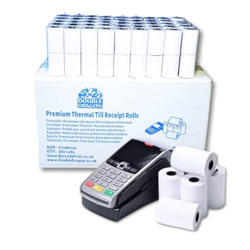 Double Dragon, Rotolo Di Ricevuta Termica Premium Da 57 X 40 Mm Per Macchina Per Carte Di Credito Pdq, Pos, Epos, Registratore Di Cassa [Confezione Da