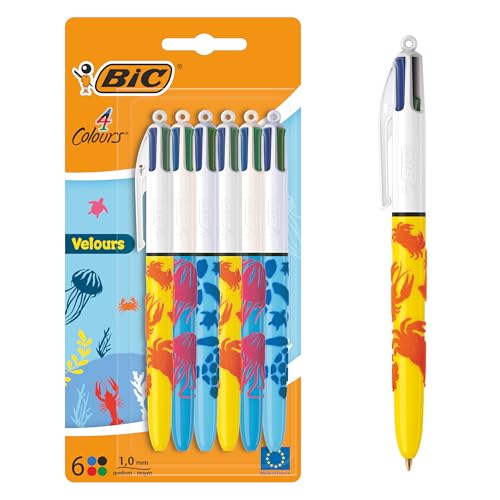 Bic Penne A Sfera In Velluto A 4 Colori, Punta Media (1,00 Mm), Tema Vita Marina, 3 Motivi Assortiti, Confezione Da 6