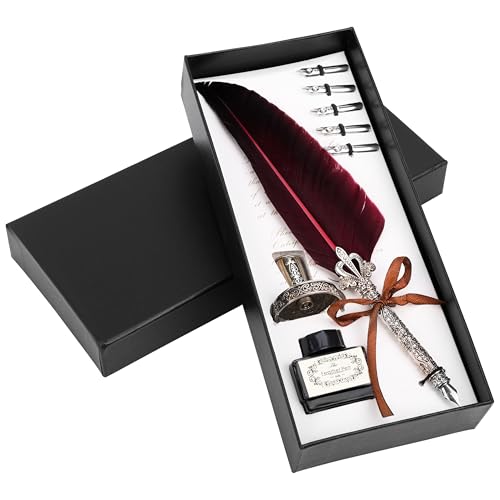 Belle Vous Kit Per Calligrafia - Set Da 8 - Calligraphy Pen - Penna Piuma Rossa - Calamaio Inchiostro Nero - 5 Pennini - Penne Per Lettering - Da Rega