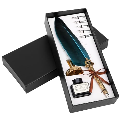 Belle Vous Kit Per Calligrafia - Set Da 8 - Calligraphy Pen - Penna Piuma Blu - Calamaio Inchiostro Nero - 5 Pennini - Penne Per Lettering - Da Regalo