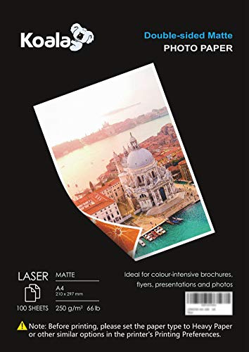 Koala Carta Fotografica Opaca Fronte-Retro Per Stampante Laser, A4, 250 G/M², 100 Fogli. Adatto Per La Stampa Di Foto, Brochure, Certificati, Opuscoli
