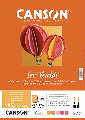 Canson Iris Vivaldia3 - Confezione Da 25 Fogli Da 185 G/M², Colori Assortiti Giallo/Rosa/Rosso