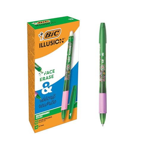 Bic Illusion Penne Cancellabili E Ricaricabili A Punta Media, 0,7 Mm, Inchiostro Verde, Confezione Da 12