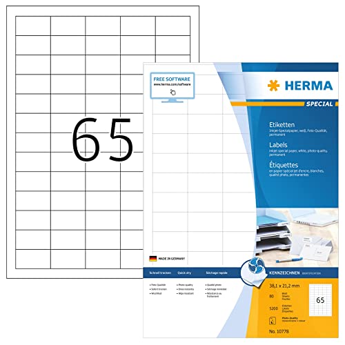 Herma 10778 - Etichette Universali Per Stampanti A Getto D'Inchiostro, 80 Fogli, 38,1 X 21,2 Mm, 65 Fogli A4, 5200 Pezzi, Autoadesive, Stampabili, Opa