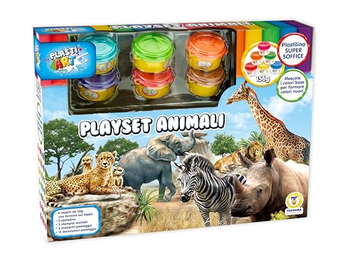Teorema - Set Creativo Di Plastilina Soffice A Tema Savana, Contenente 6 Vasetti Con Formine Sul Tappo, Stampini, Spatoline E Decorazioni