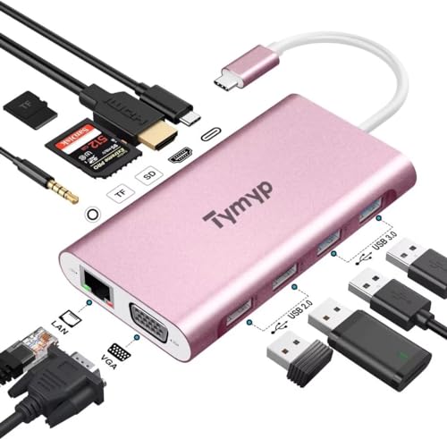 Tymyp Hub Usb C, Splitter Usb C Con 4 K Hdmi, Vga, 100 W Pd, Ethernet, Sd/Tf, Audio 3,5 Mm, 4 Usb A, Adattatore Usb C 11 In 1 Per Dispositivi Macbook