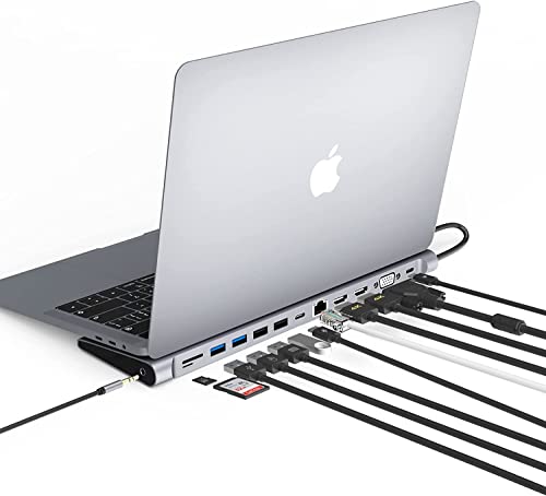 Qhou Dual Monitor Docking Station Usb C, 13 In 1 Triple Display Usb C Dock Con 2 Hdmi, Vga, Usb C Port, 4 Usb, Gigabit Ethernet, Audio, Sd/Tf Thunderb