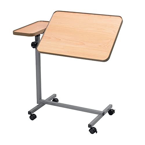 Performance Health Dual Action Bed And Chair Table, Portable Over Bed Table, Height Adjustable Wheeled Table With Tiltable Surface, Laminated Top, Wip