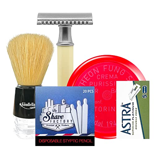 The Goodfellas' Smile Kit Rasautra Regalo 5 In 1 Rasoio Di Sicurezza + 5 Lamette Astra + Sapone Da Barba + Fiammiferi Emostatici + Pennello Da Barba