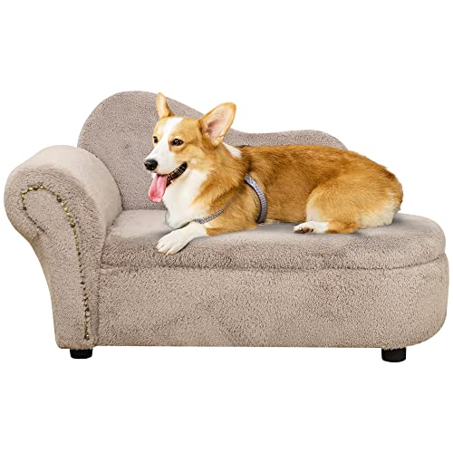 Pawhut Divano Per Cani Rialzato Con Spazio Portaoggetti A Scomparsa, Divano Imbottito In Legno E Tessuto Vellutato, 80X40X46 Cm, Beige