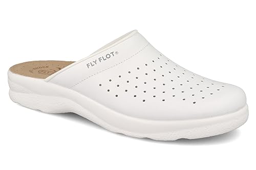 Fly Flot | Man Professional, Zoccoli Sanitari Uomo, Ciabatta Con Tomaia In Pelle Forata, Sottopiede In Pelle Scamosciato, Bianco, 40