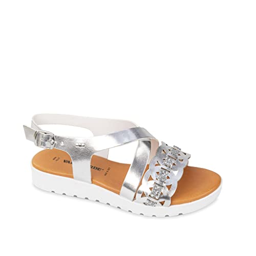 Valleverde 24109 Sandalo Donna In Pelle Con Fascia Laserata E Glitter. Ideale Per Ogni Occasione (Argento, Numeric_36)
